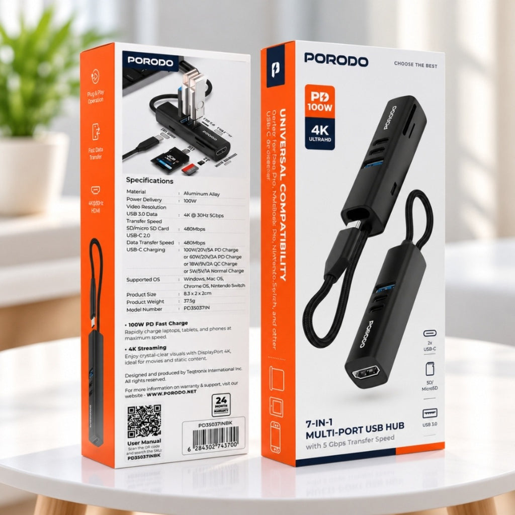 Porodo 7-in-1 USB-C Hub with 100W PD, 4K HDMI and 5Gbps USB 3.0 – Black