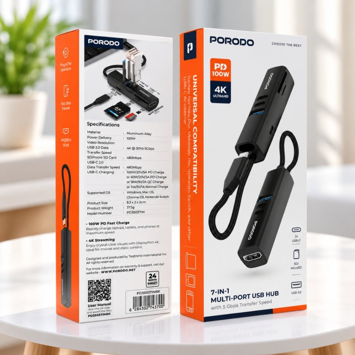Porodo 7-in-1 USB-C Hub with 100W PD, 4K HDMI and 5Gbps USB 3.0 – Black