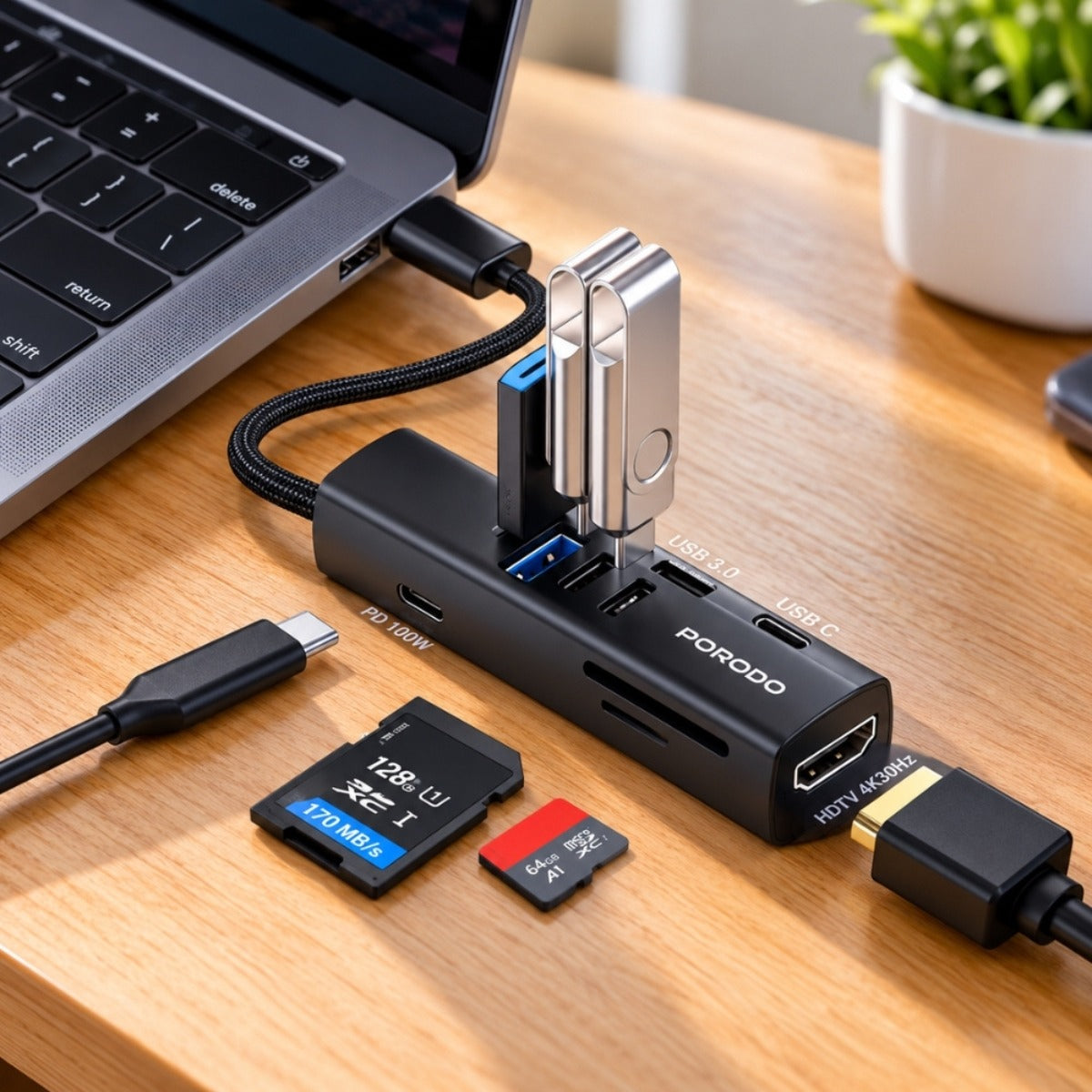 Porodo 7-in-1 USB-C Hub with 100W PD, 4K HDMI and 5Gbps USB 3.0 – Black