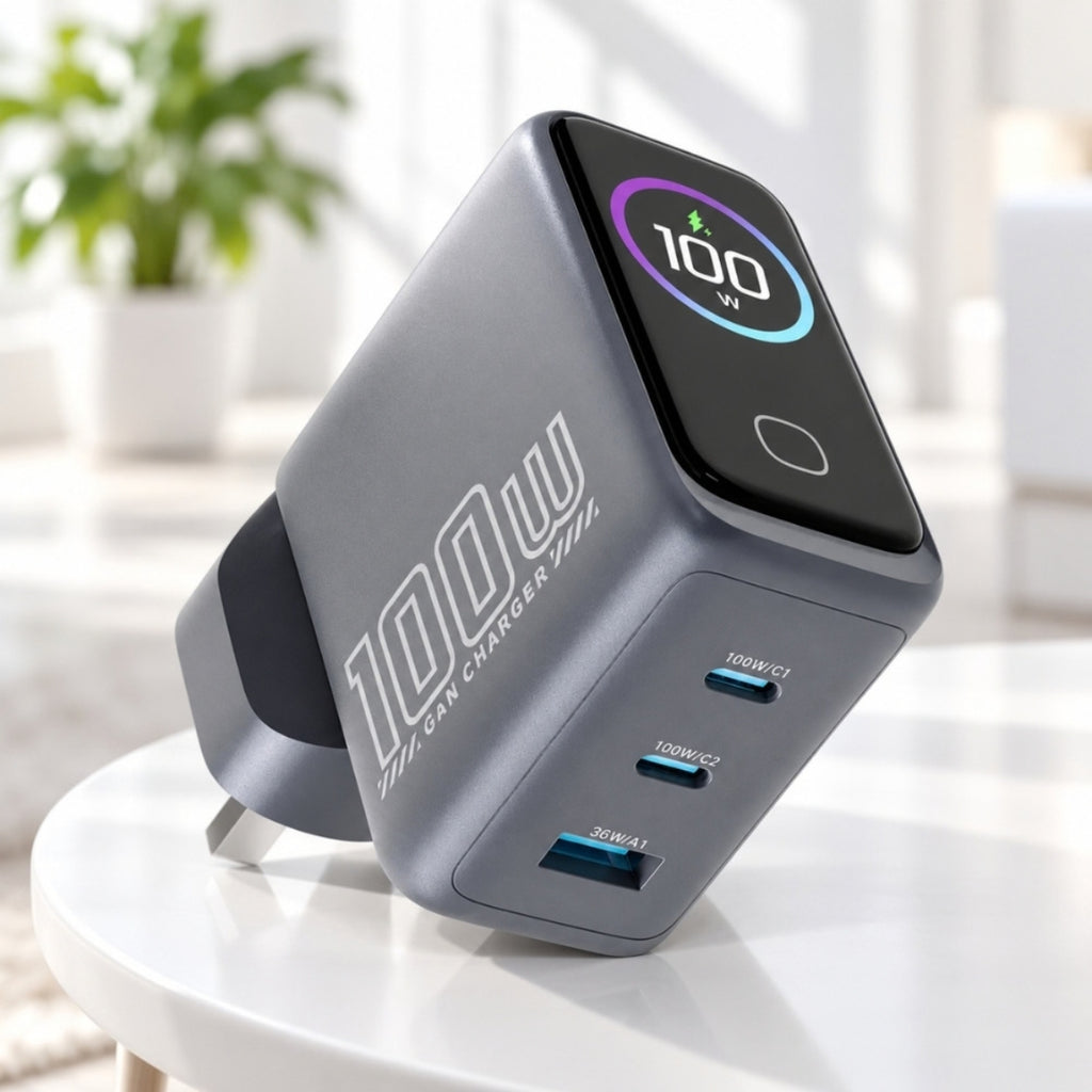 Powerology VoltFlow 100W AVS GaN Wall Charger with TFT Screen – Grey