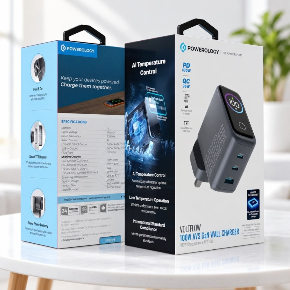 Powerology VoltFlow 100W AVS GaN Wall Charger with TFT Screen – Grey