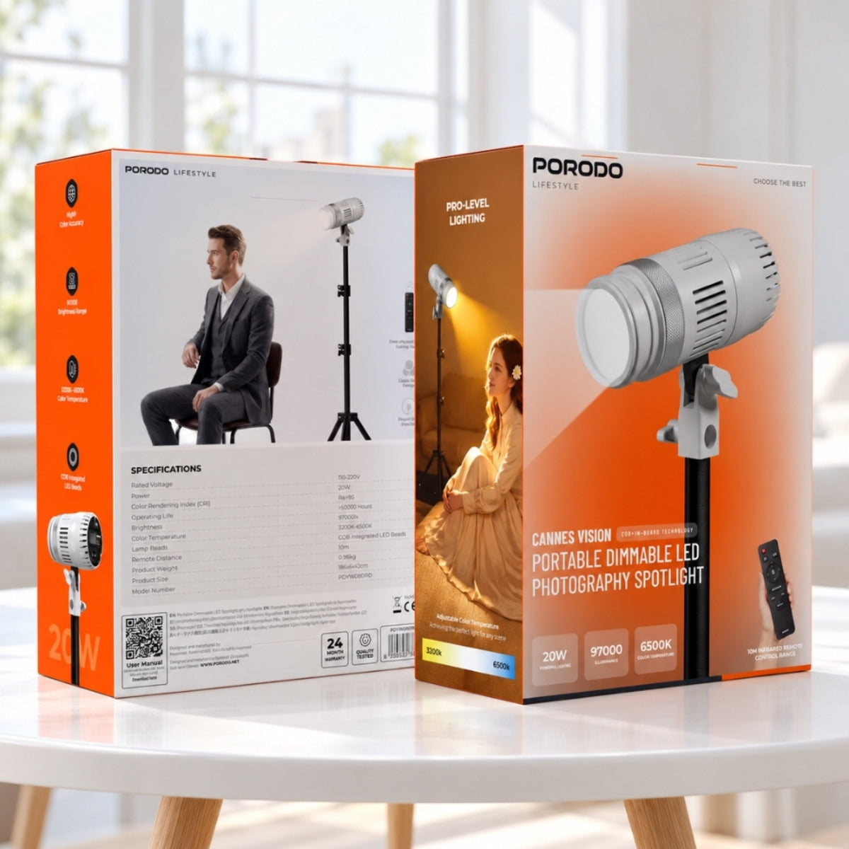 Porodo Lifestyle Cannes Vision 20W Dimmable LED Video Spotlight with Remote – White
