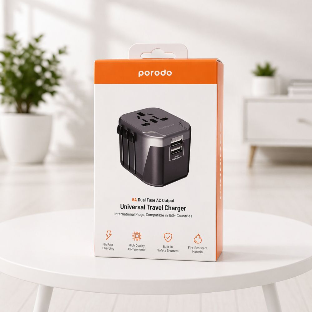Phone Charger – Porodo Dual USB Port Universal Travel Adapter 2.4A Black