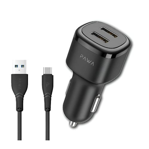 PAWA Dual USB Car Charger 2.4A with Type-C Cable Fast Charging