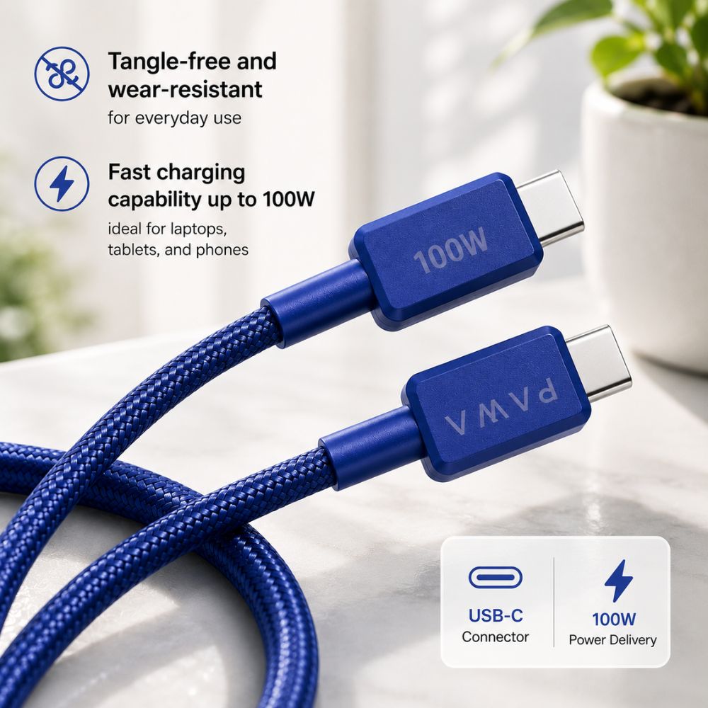 PAWA El‑Caro Braided Cable USB‑C To USB‑C 100 W 1.2M - Blue