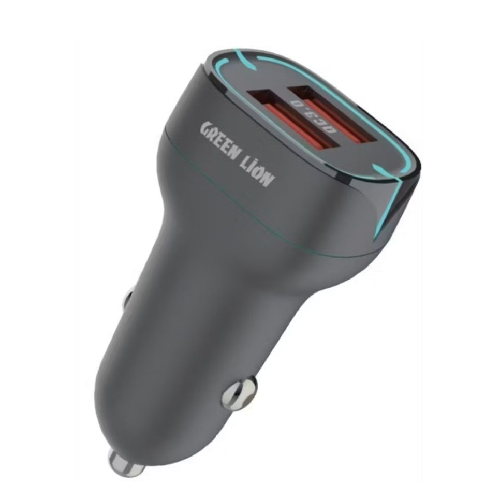 Dual Port Fast Car Charger – USB-A to Lightning Cable Green Lion