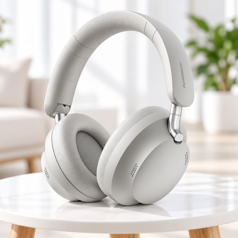 Powerology Soliv Hybrid ANC & ENC Wireless Headphones with Spatial Audio - Light Grey