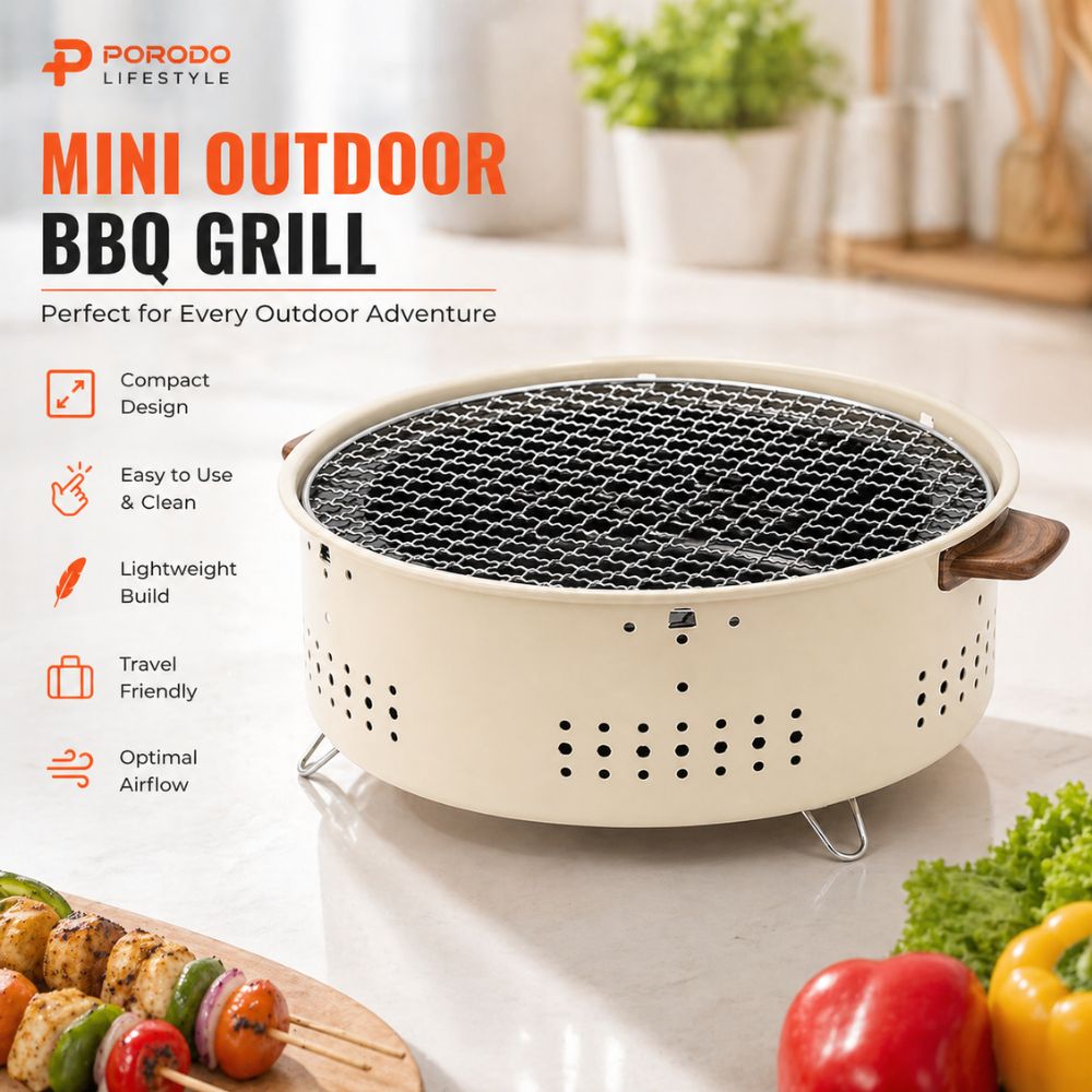 Porodo Lifestyle Camping Mini Outdoor Round Bbq/charcoal Grill - Light Brown