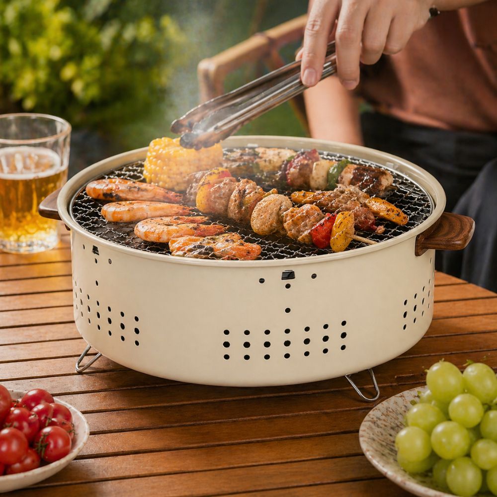 Porodo Lifestyle Camping Mini Outdoor Round Bbq/charcoal Grill - Light Brown