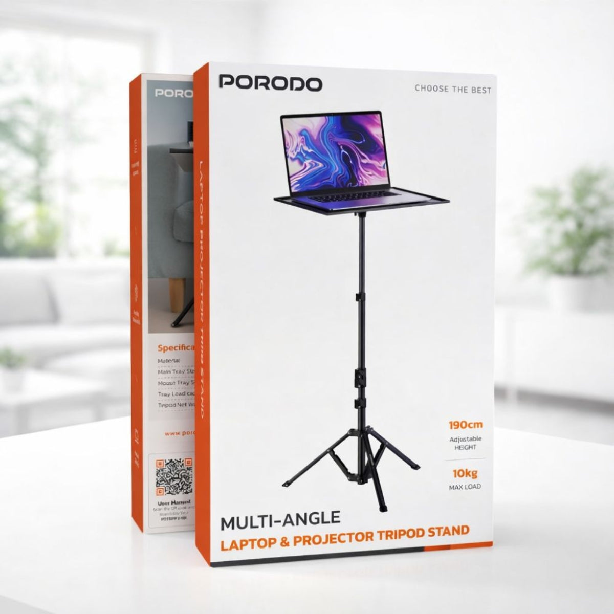 Porodo Multi-Function Tripod Stand for Projector & Laptop 190cm with Side Tray – Black