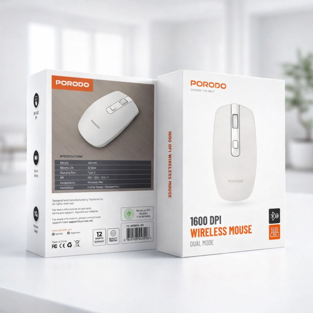 PD-WBRM16-WH Porodo Dual Mode Wireless Mouse 1600 Dpi-white