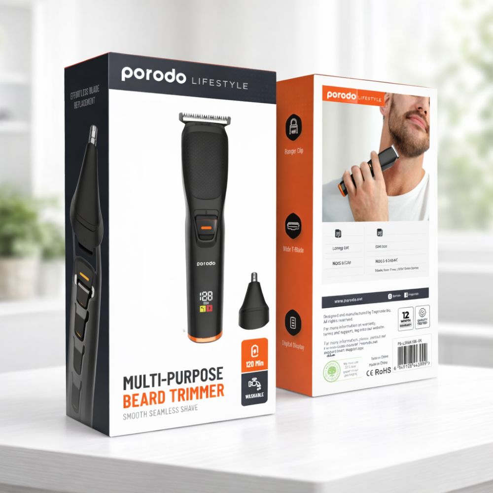 Porodo Lifestyle 6-IN-1 Rechargeable Grooming Kit with Nose Trimmer Four Detachable Heads - Black