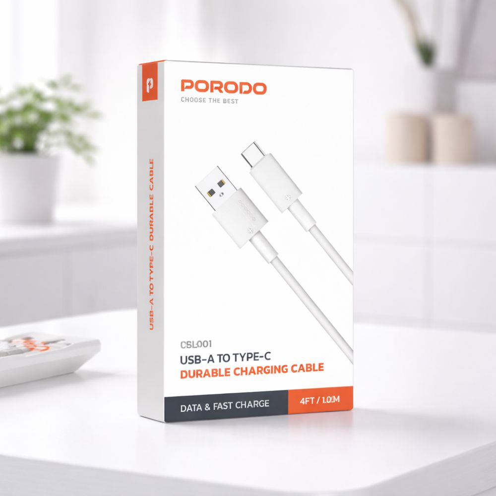 PD-CBL0001-WH Porodo Usb-a to Type-c Durable Charging Cable - White