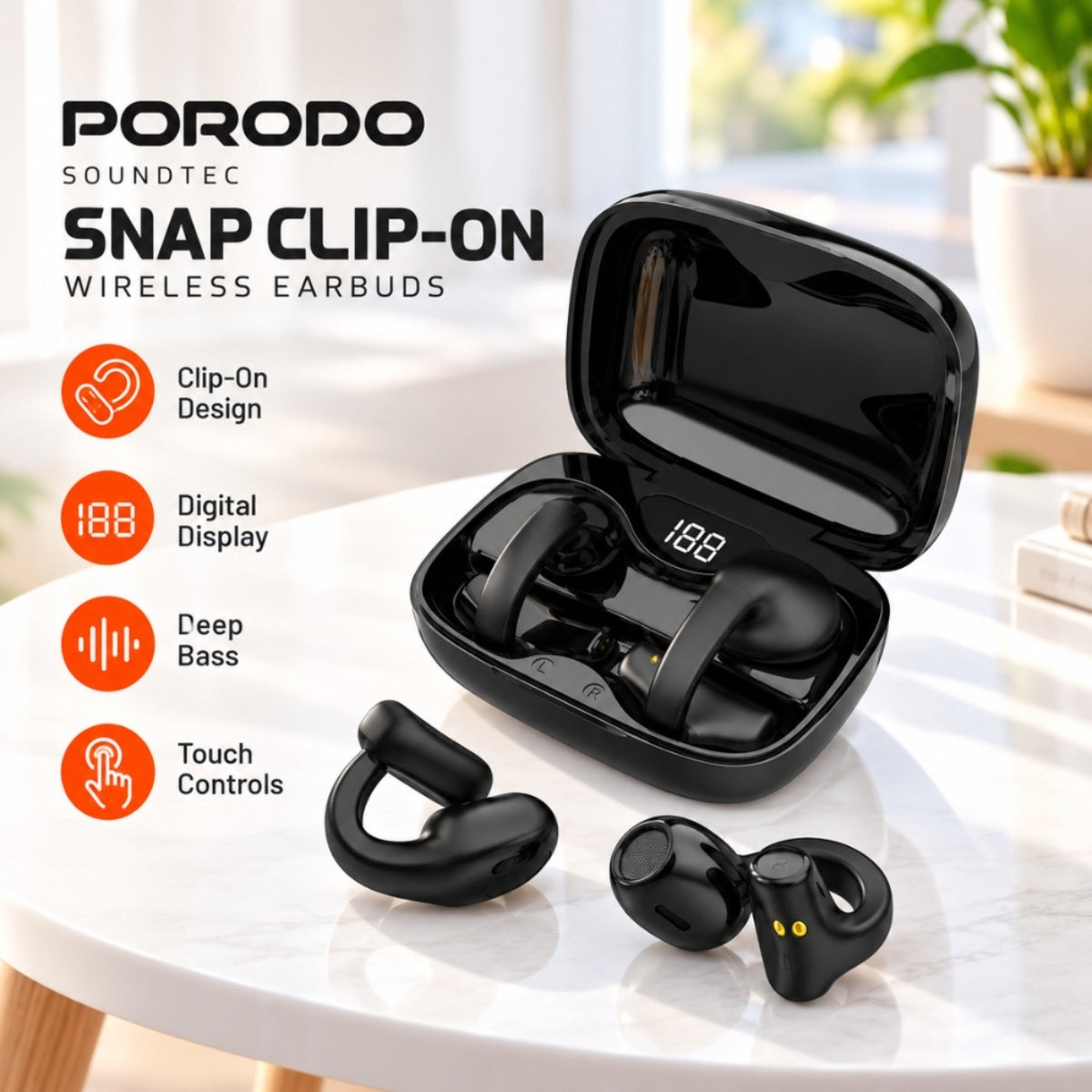 Porodo Soundtec Snap Clip-On Wireless Earbuds Bluetooth 5.3 – Black