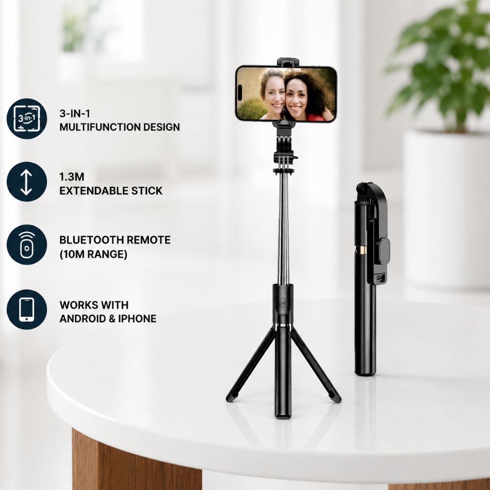 Plokama® Live K8 Multifunctional Selfie Stick Tripod with Bluetooth Remote-black