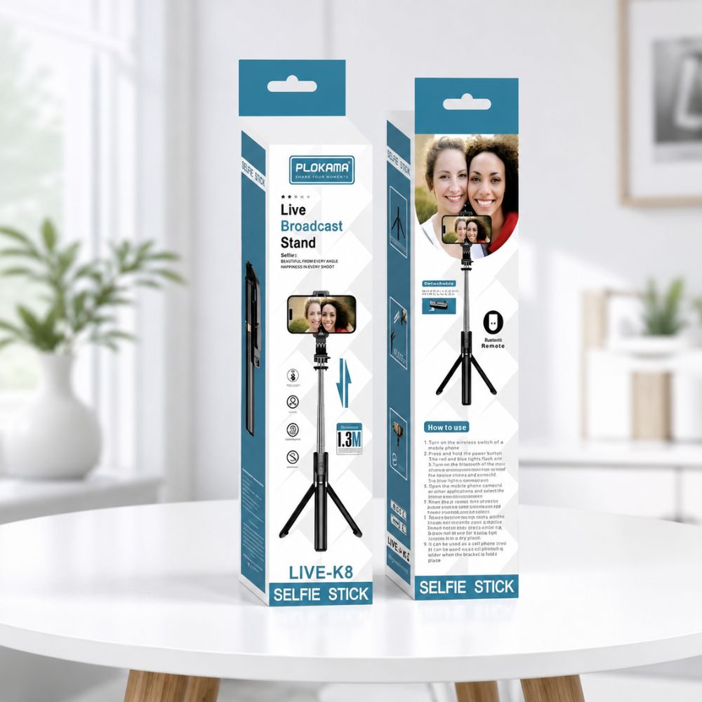 Plokama® Live K8 Multifunctional Selfie Stick Tripod with Bluetooth Remote-black