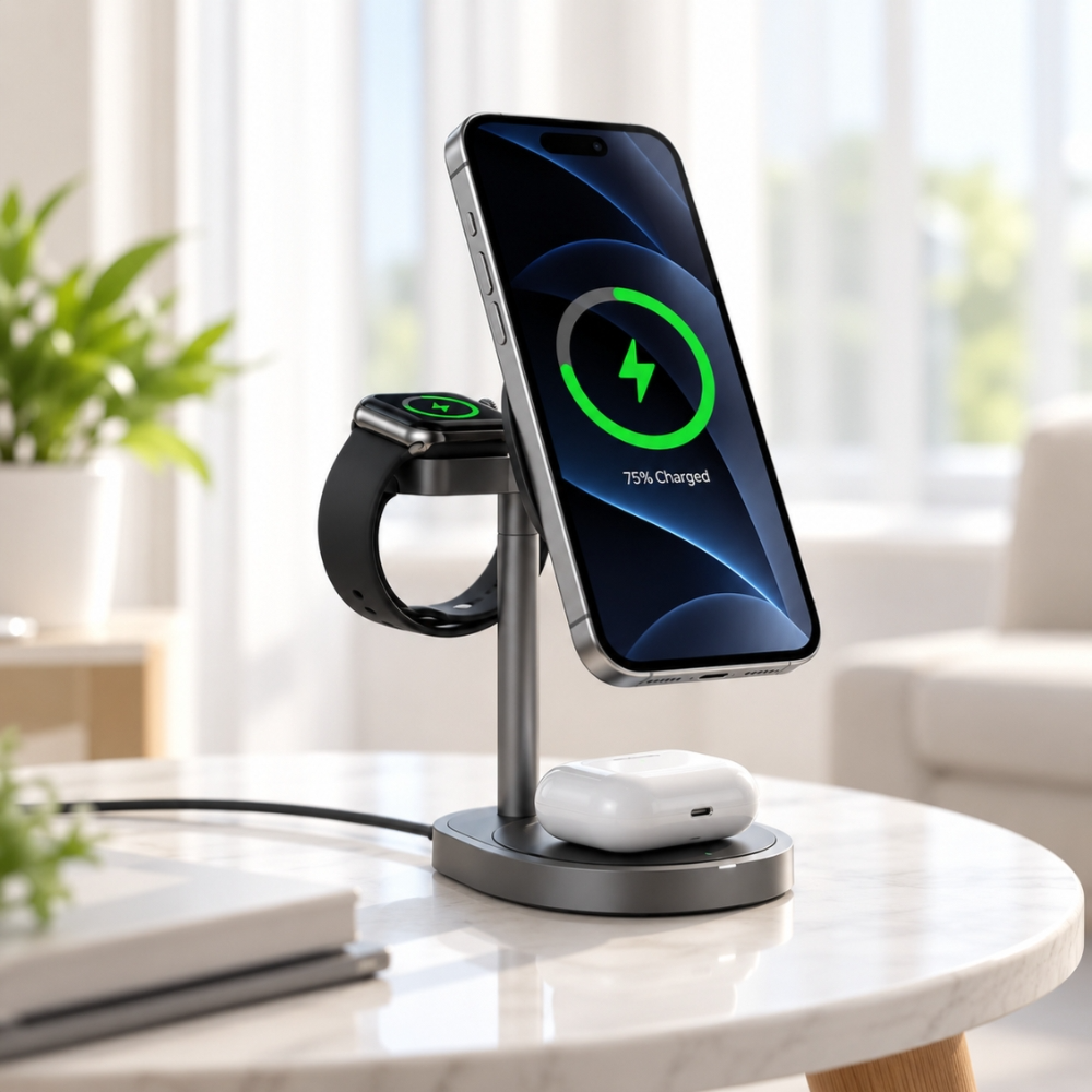 Powerology Eifel Qi2.2 25W 3-in-1 Magnetic Wireless Charging Stand – Grey