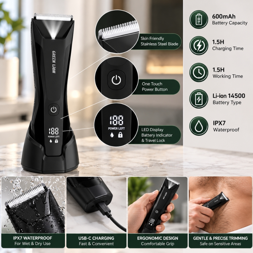 Green Lion Body Trimmer – Sensitive Pro, Ceramic Blade, 6500RPM, IPX7 Waterproof, 600mAh - Black