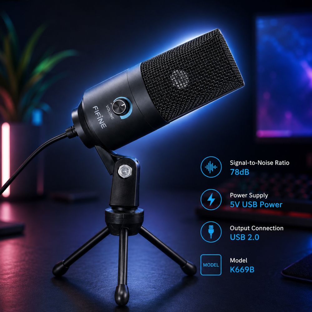 Fifine K669B USB Microphone with Volume Dial for Streaming – Black