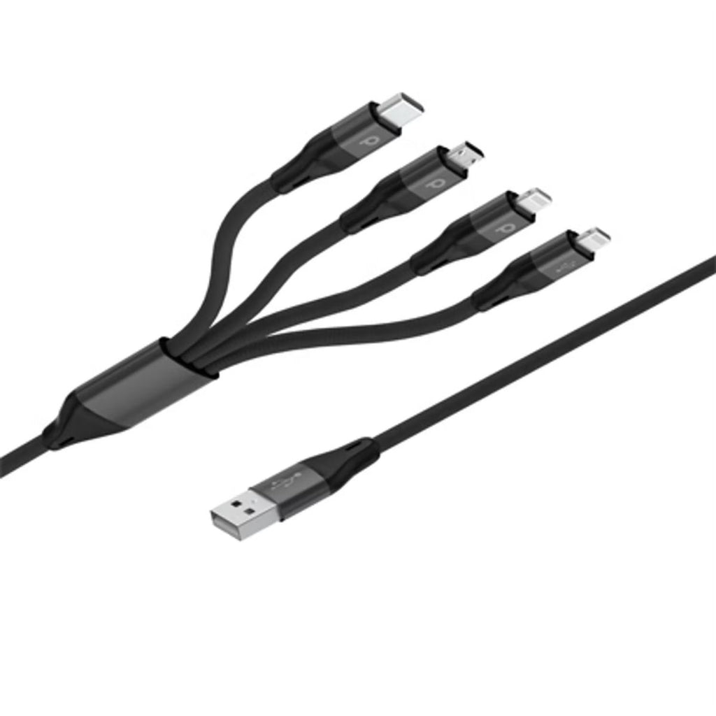 Porodo 4-IN-1 Aluminum Braided Fast Charge Cable (1.2M/4FT) -type: 2X Lightning , Type-c , Micro USB -2.4A Supports 9V PD Charging Cable -15000+ Bends