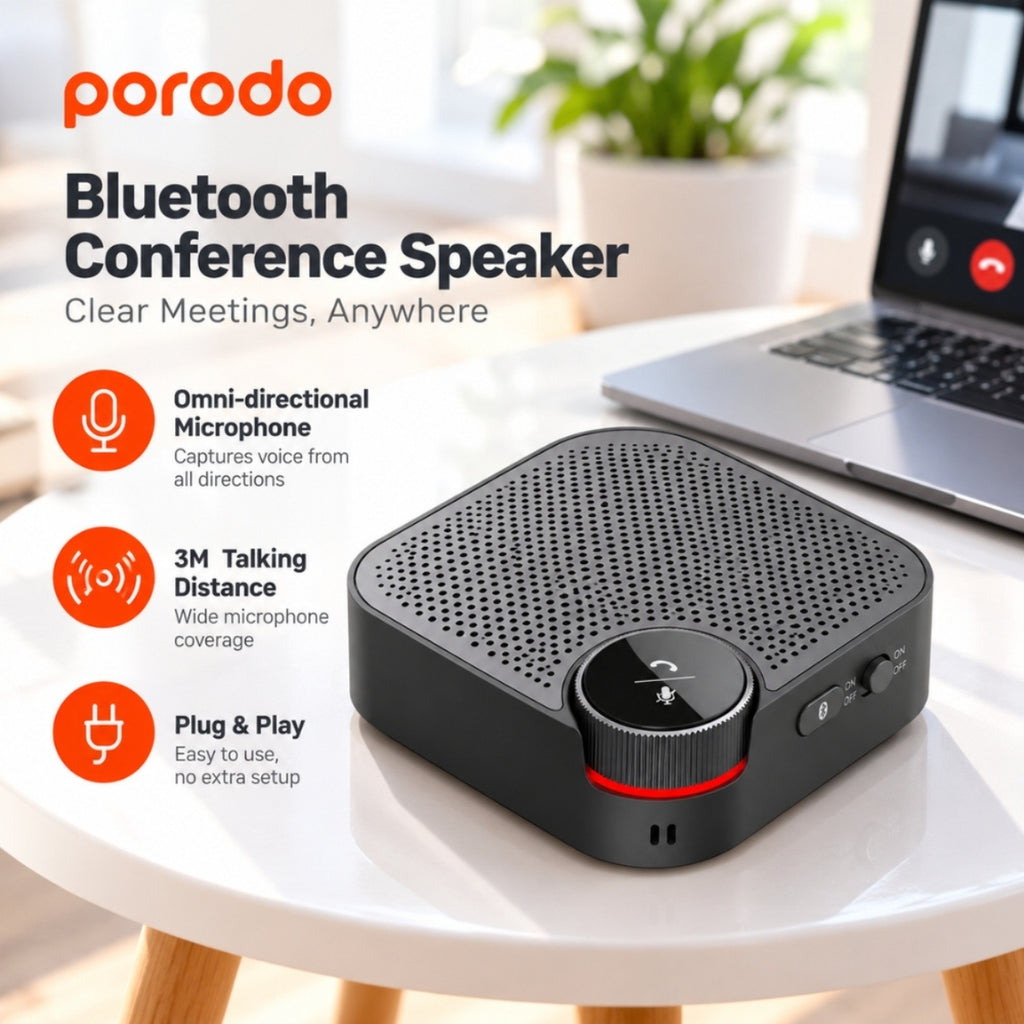 Porodo Bluetooth Conference Speaker with 3m Talking Distance & Omni-Directional Mic – Black