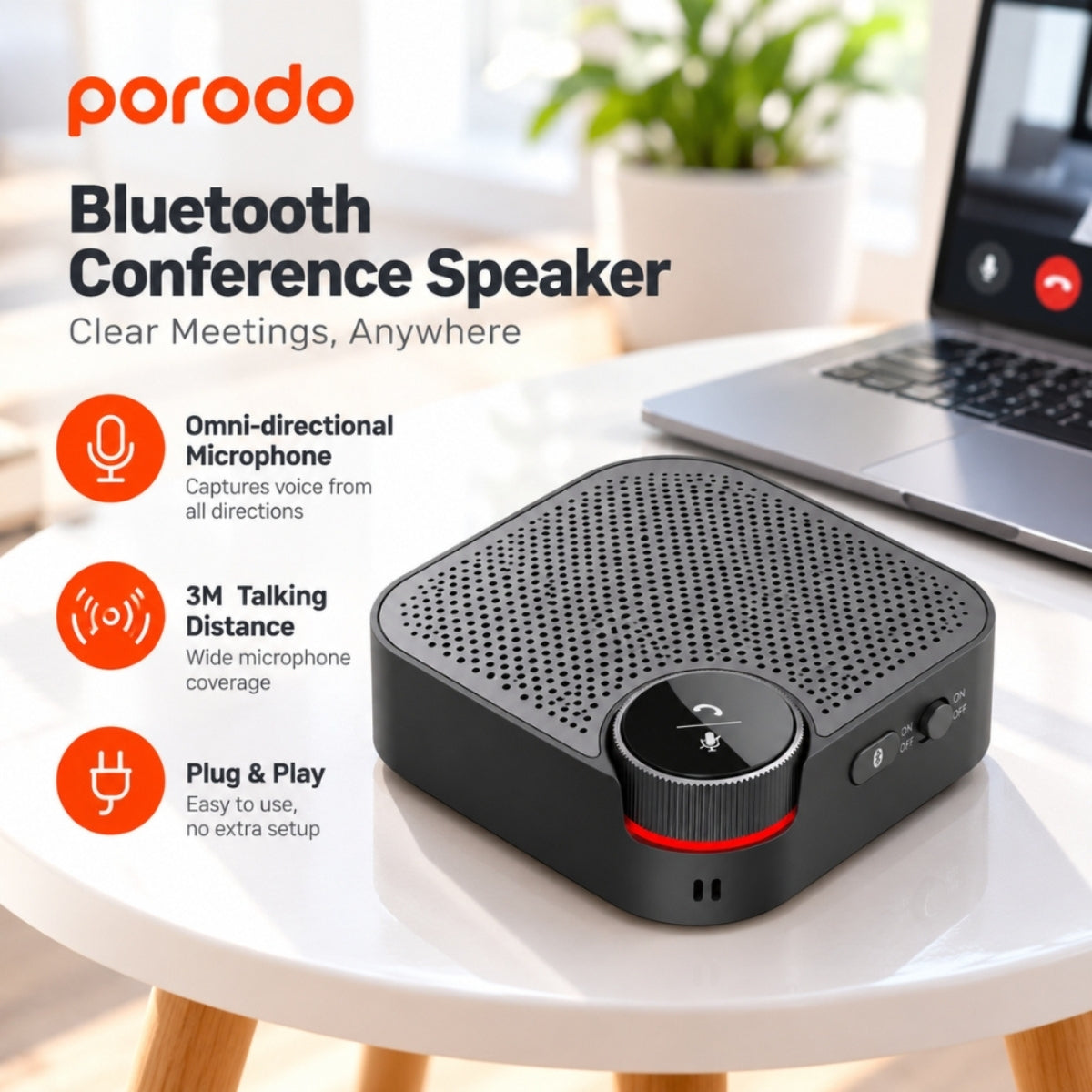Porodo Bluetooth Conference Speaker with 3m Talking Distance & Omni-Directional Mic – Black