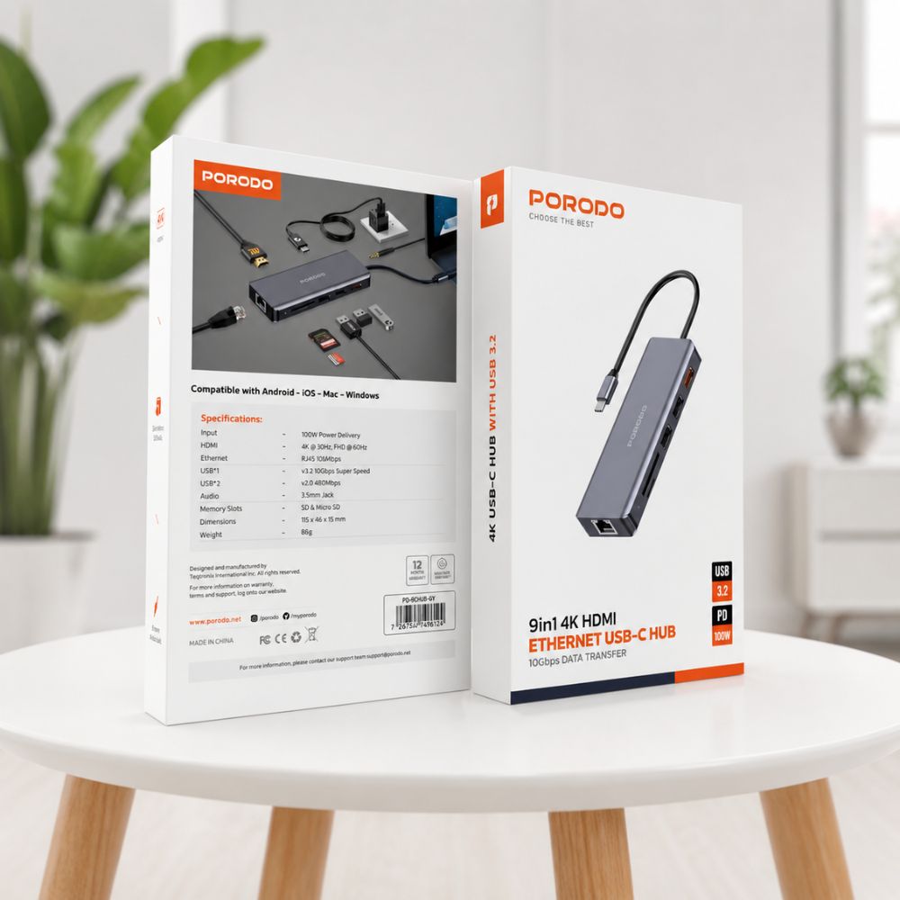 Charging Cable – PD-91CHB-GY Porodo 9-IN-1 Usb-c Hub Type-c PD 100W