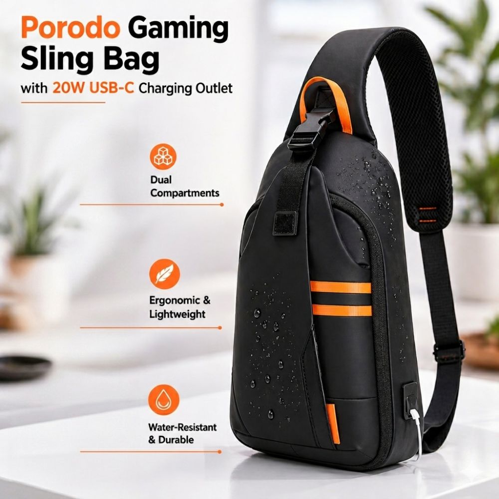 Porodo Gaming Water Resistant Pu Sling Bag with USB -c Port PDX532