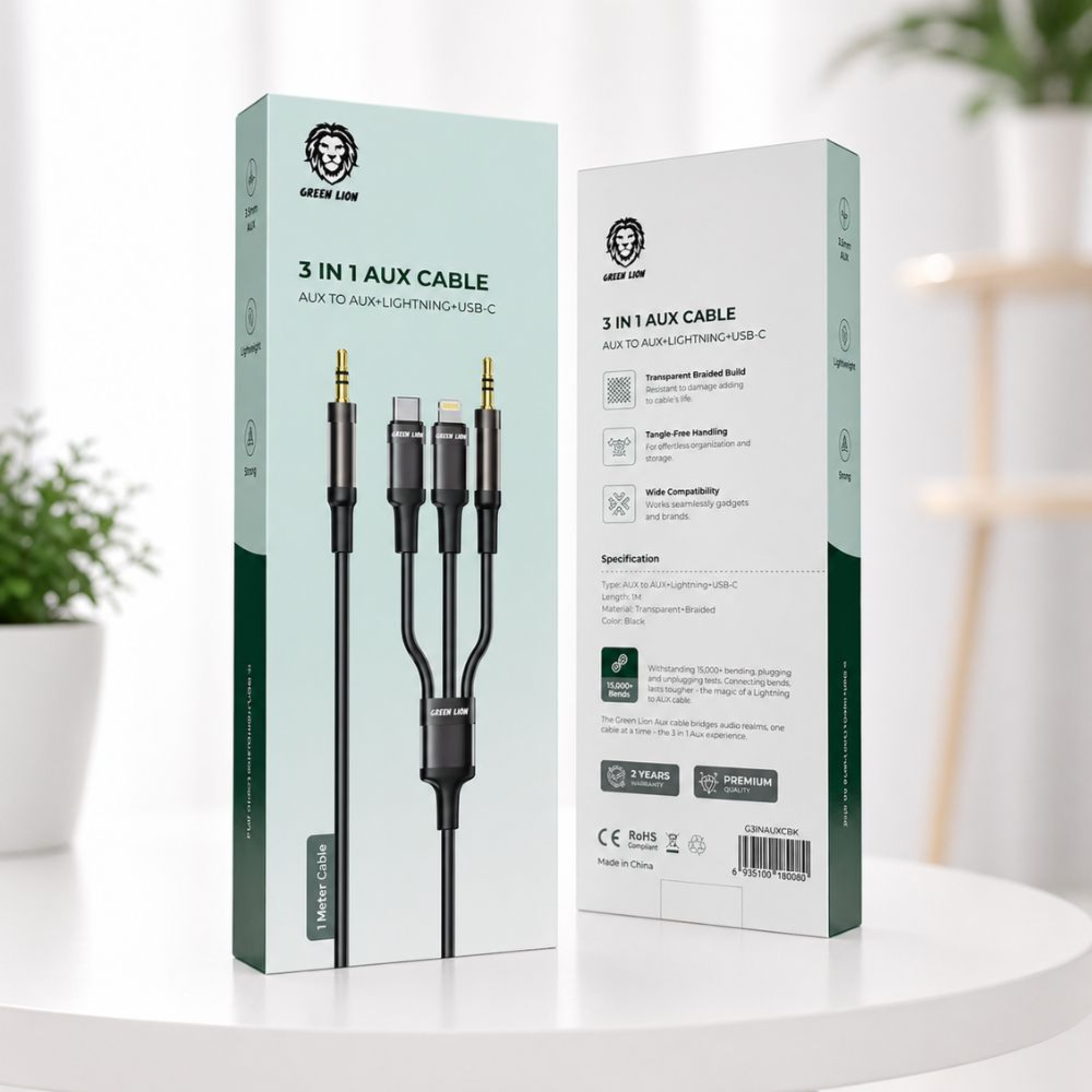 3-in-1 AUX Cable – Green Lion Lightning, USB-C & 3.5mm Audio Cable 1M for Car & Speakers