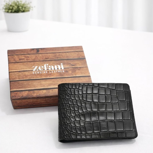 Zefani Genuine Leather Bifold Wallet – Croc Embossed - Black