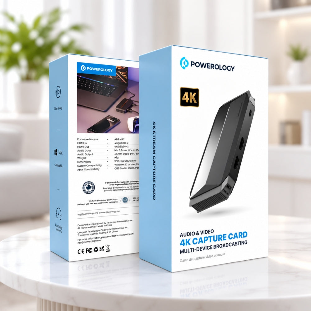 Powerology 4K Stream Capture Card USB-C 3.2 Gen1 with HDMI 2.0 Input & Loop-Out – Black