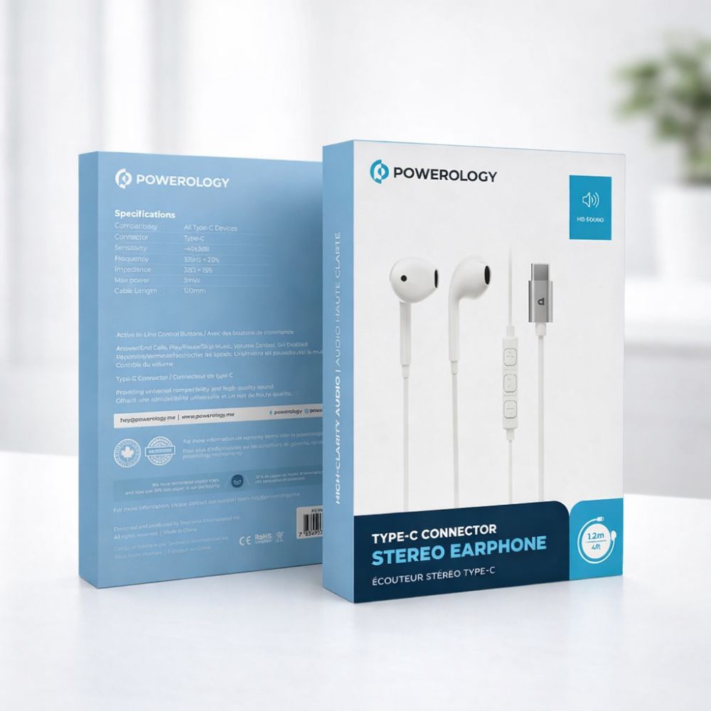 Powerology Stereo Usb-c Earphones 1.2M - White