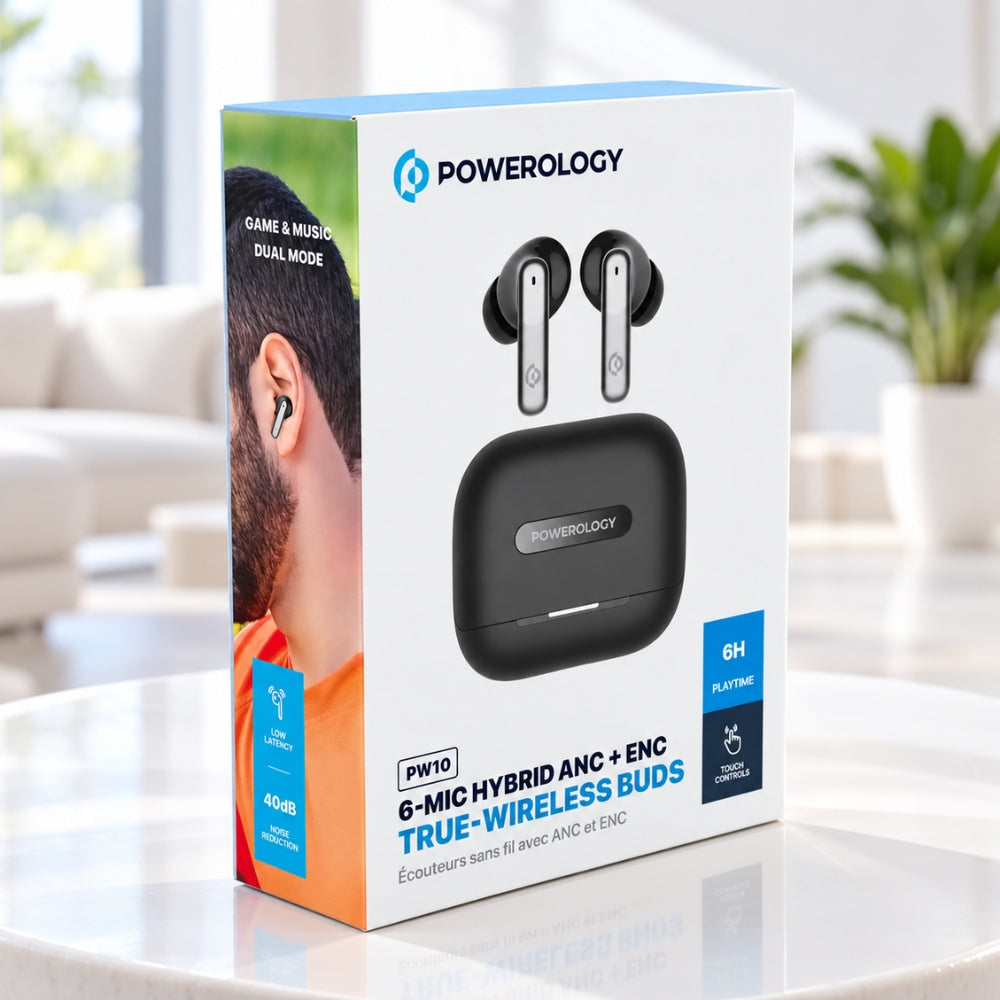 Powerology PW10 6-Mic Hybrid ANC + ENC True Wireless Earbuds – Black