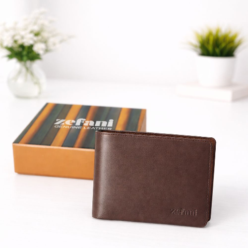 ZEFANI Premium Genuine Leather Bi-Fold Wallet for Men - Brown