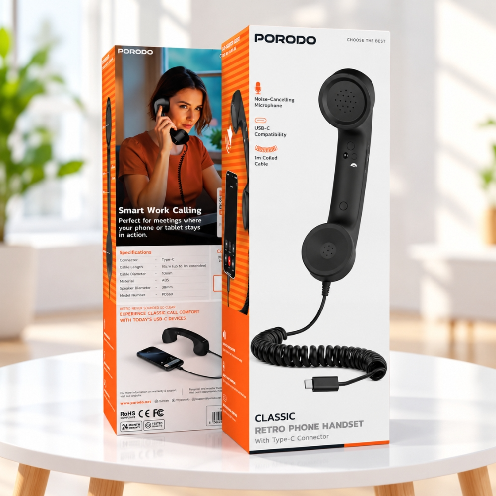 Porodo Retro Phone Handset USB-C – Vintage Phone Receiver for Smartphone, Black