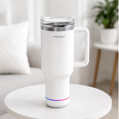 Porodo HydroTunes Portable Tumbler with Bluetooth Speaker- White