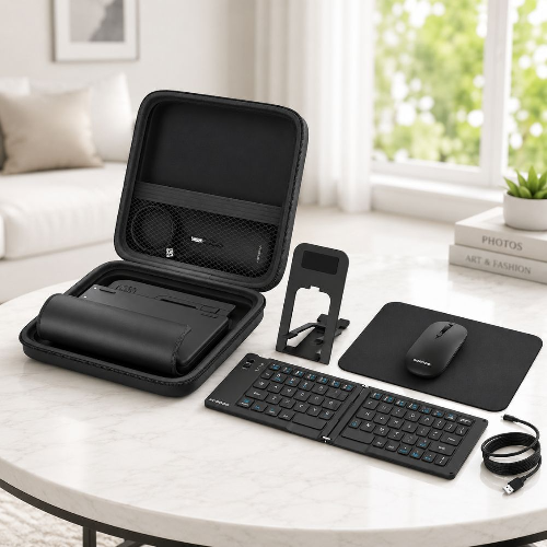 Porodo 6-In-1 Wireless Keyboard Mouse Set – Bluetooth 2.4GHz Combo with Travel Case