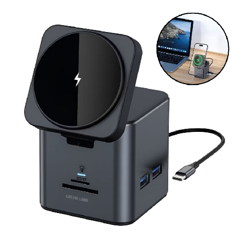 9 in 1 Docking Station – Wireless Charging Multiport USB Hub Green Lion