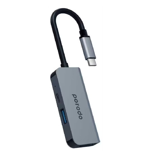 Porodo 3 In 1 Aluminum Usb-C Hub - Grey