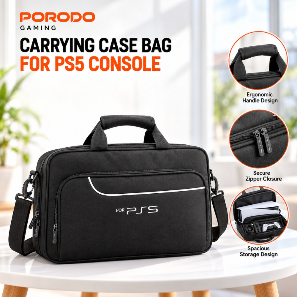Porodo PS5 Carrying Case Bag – PlayStation 5 Travel Bag, Storage Case for PS5 Console & Accessories, Black