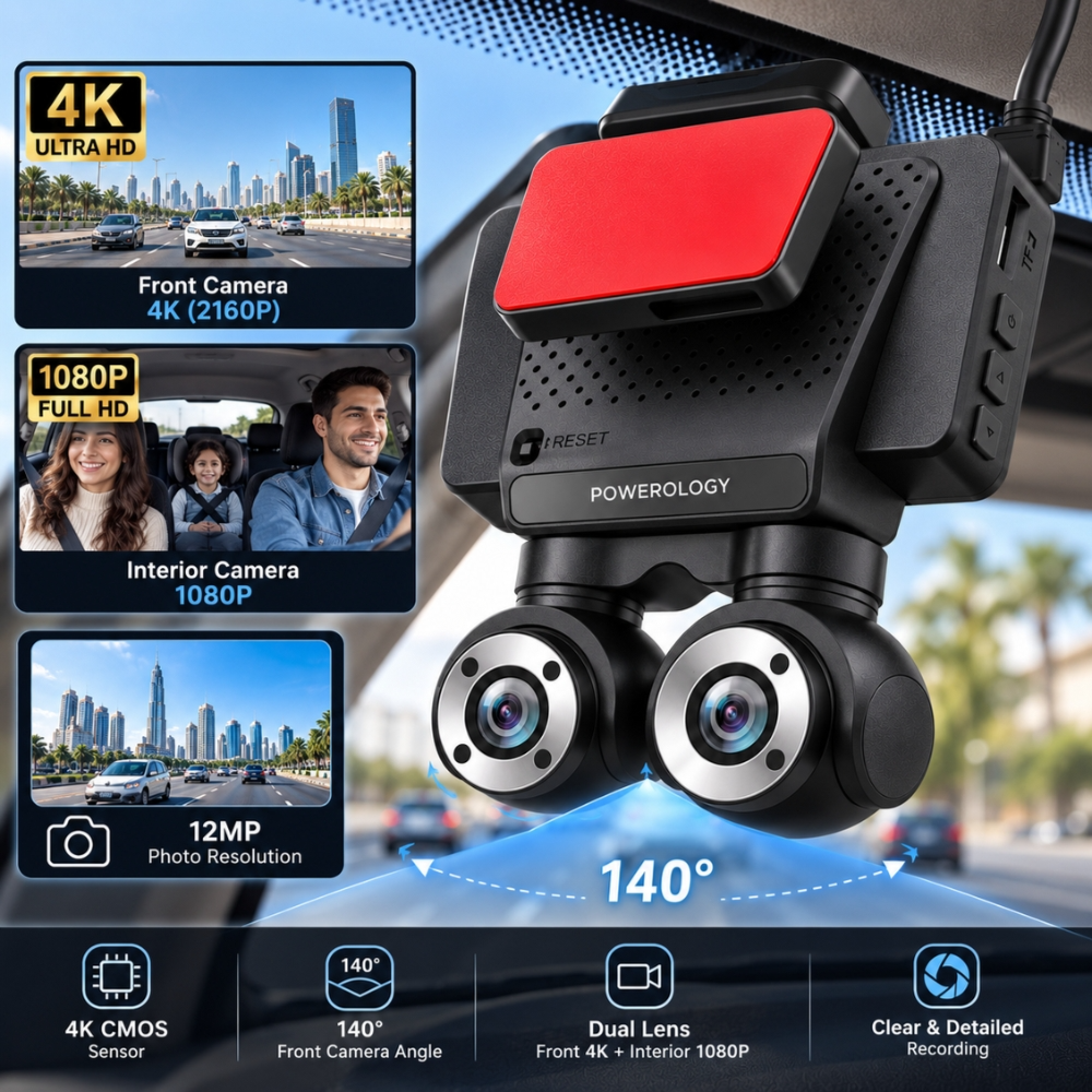 Powerology Dual Lens 4K Dash Camera with 1080P Interior Camera, Night Vision & Parking Monitor – Black