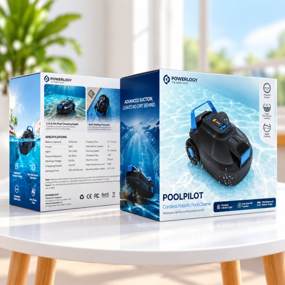 Powerology Cordless Robotic Pool Cleaner – Automatic Swimming Pool Vacuum, 120 Min, 5000mAh, Black