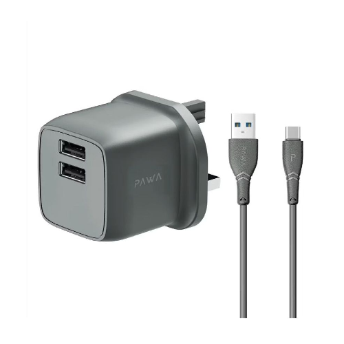 PAWA PocketMini Dual USB Travel Charger UK Standard With USB-A to Type-C Cable