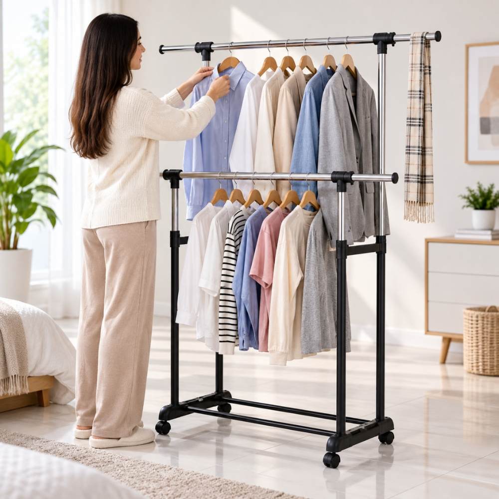 Garment Rack – LeoStar Double Clothes Stand with Extendable Pipes & Adjustable Height – CD-1265