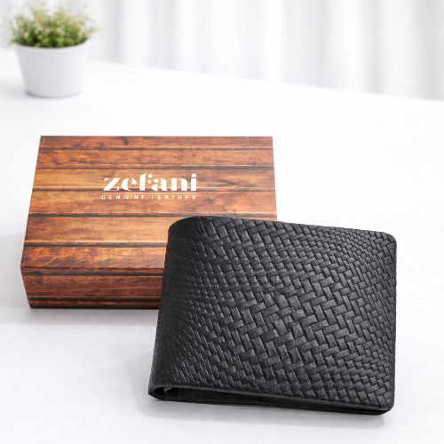 Zefani Heritage Weave Genuine Leather Bi-Fold Wallet - Black