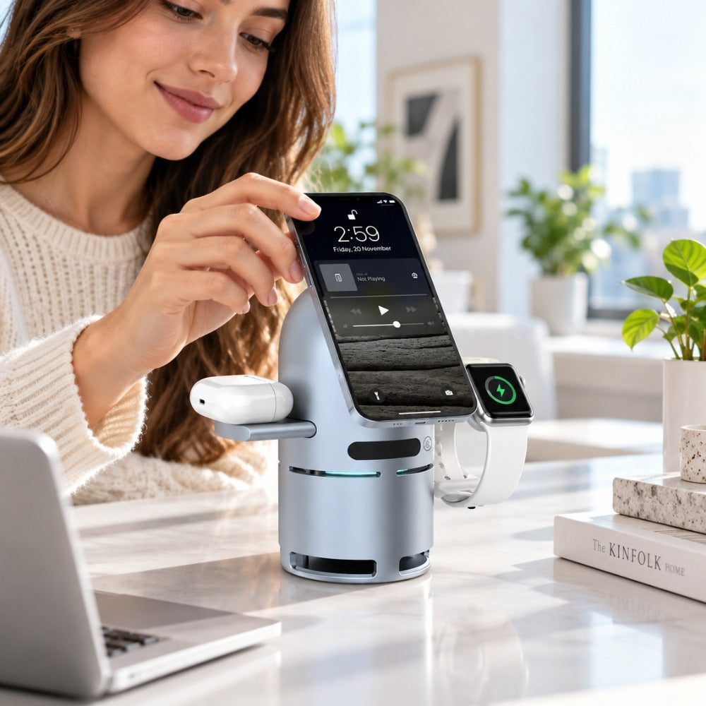 Powerology Qi2 15W 3-in-1 Speaker Charge Station with Bluetooth Speaker – Grey