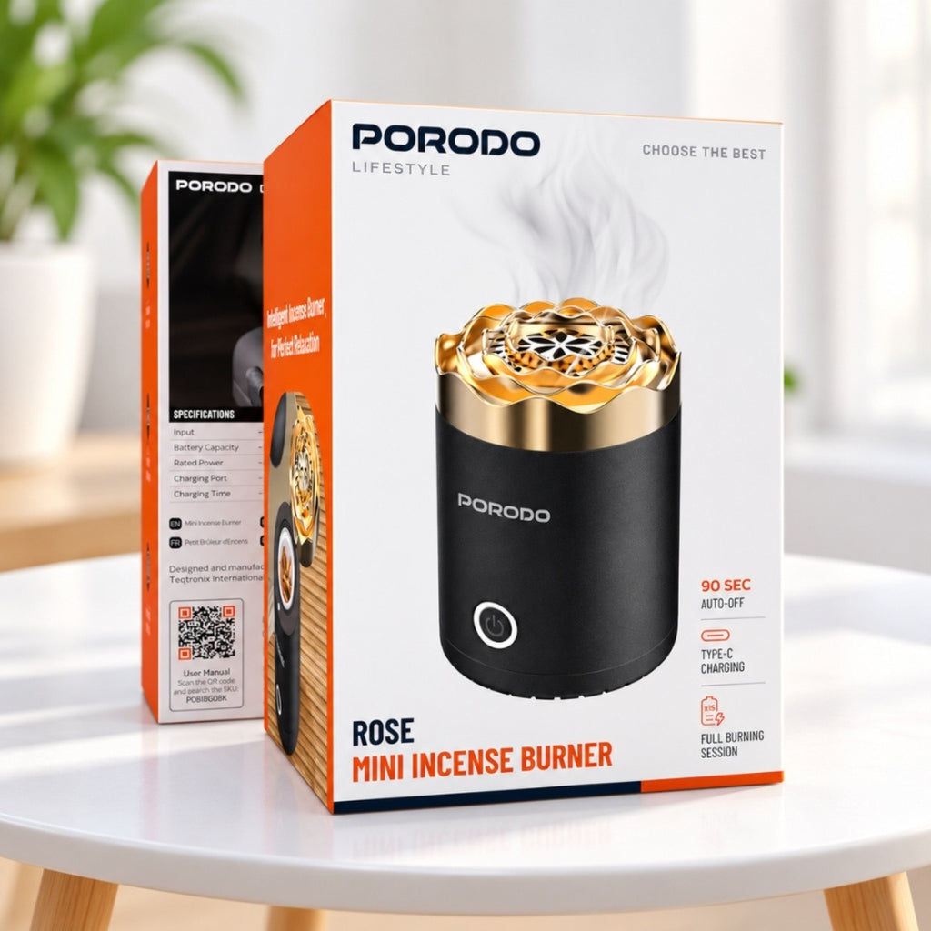 Porodo Lifestyle Rose Mini Bukhoor Incense Burner 1800mAh Rechargeable – Black