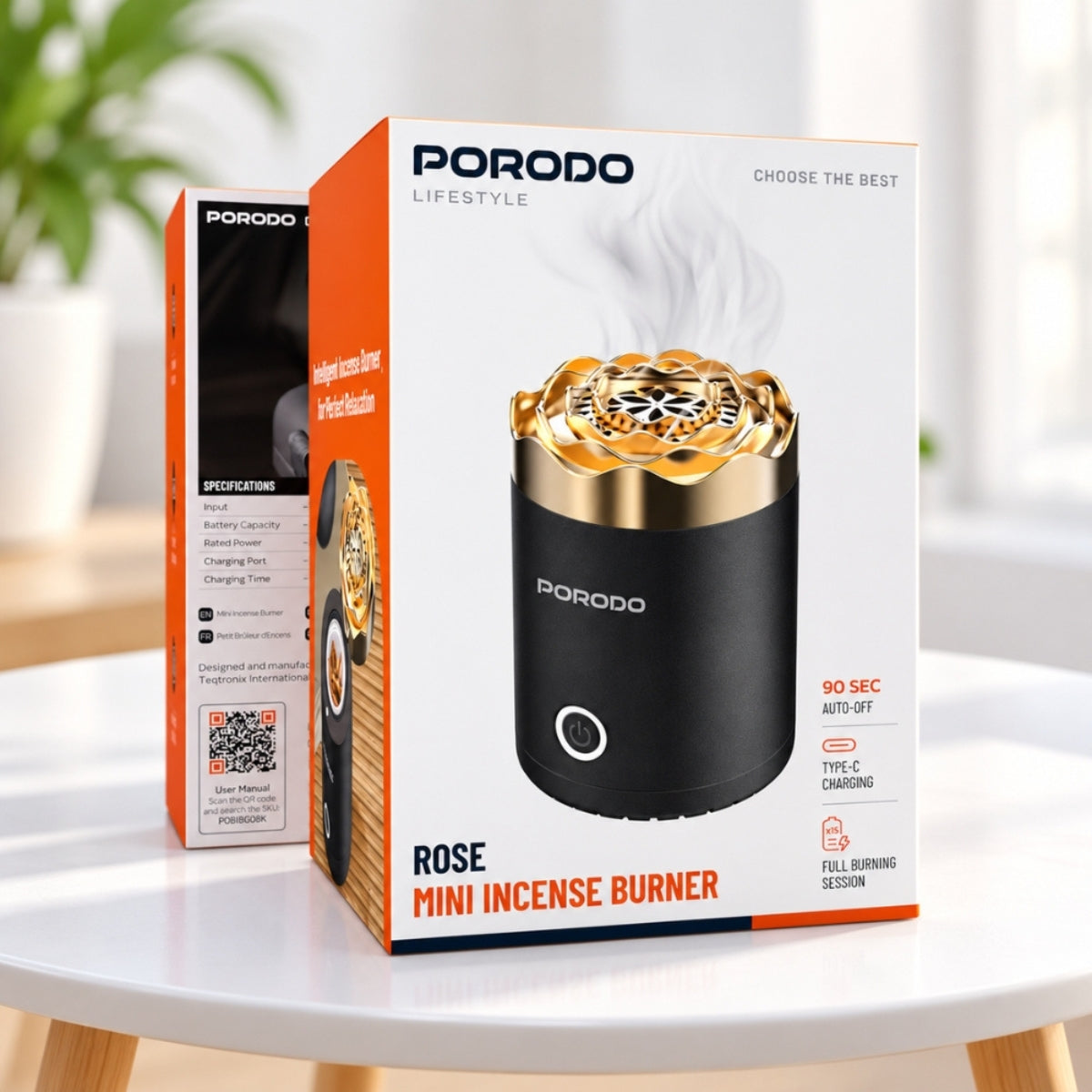 Porodo Lifestyle Rose Mini Bukhoor Incense Burner 1800mAh Rechargeable – Black