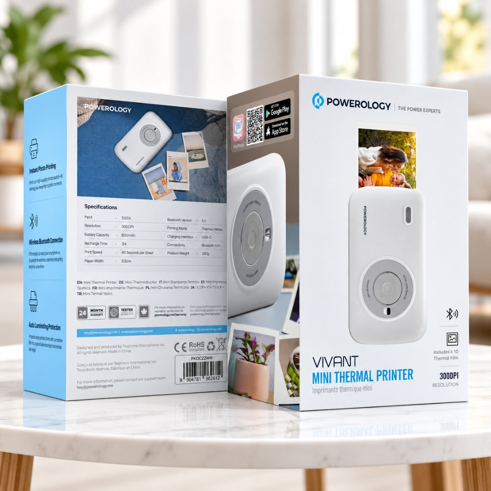 Powerology Vivant Mini Thermal Photo Printer 300 DPI Bluetooth – White