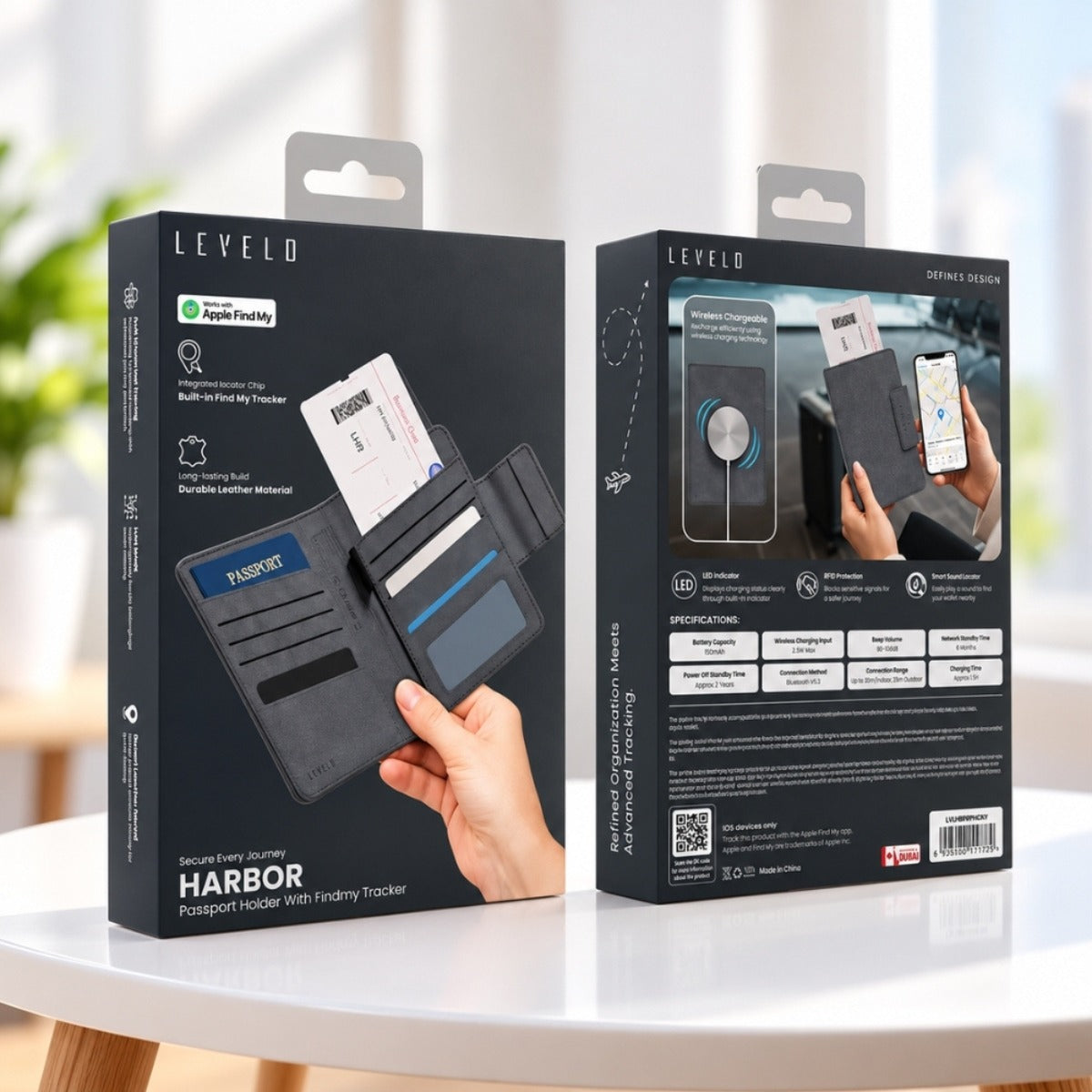Levelo Harbor Passport Holder with Built-in Find My Tracker – Grey